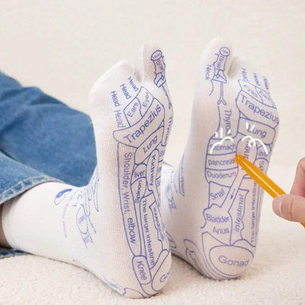 Reflexology Socks Set showing printed reflexology maps for acupressure and foot massage on white socks.