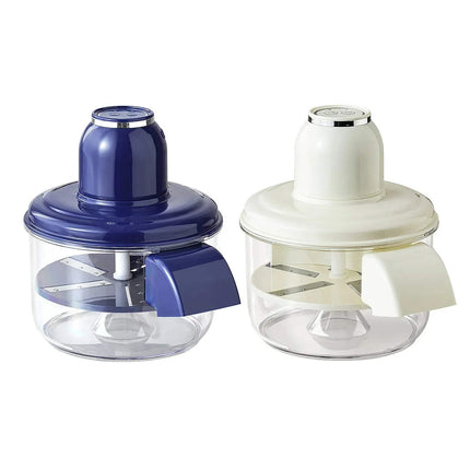Two kitchen Automatic Fruit Peeler Machine for Fast & Efficient Peeling, one blue and one white, on a white background