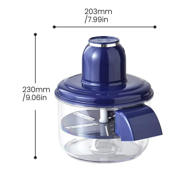 Blue kitchen Automatic Fruit Peeler Machine with measurements on a white background