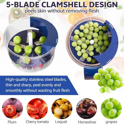 Automatic Fruit Peeler Machine with grapes and text highlighting features on a white background