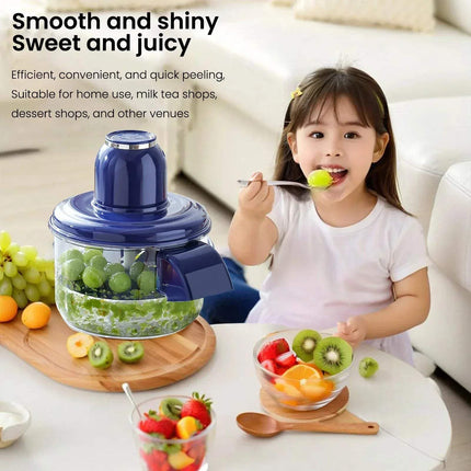 Child eating fruit with an Automatic Fruit Peeler Machine on a table, surrounded by fruits.
