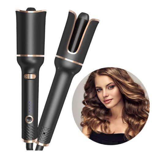 Automatic Hair Curler for Effortless Curls & Waves with rose gold accents and a woman with styled hair inset.