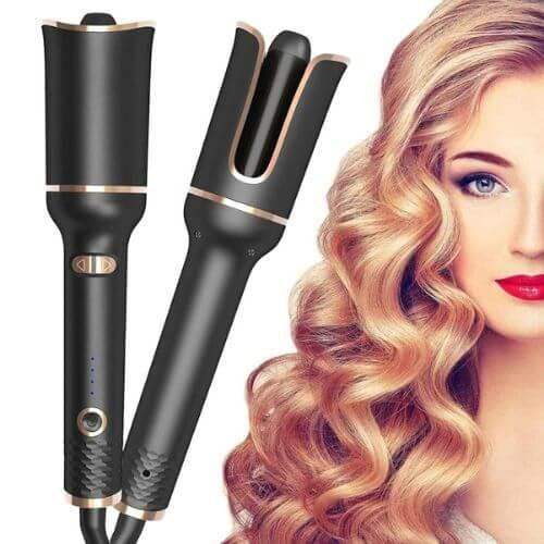 Automatic Hair Curler for Effortless Curls & Waves with a woman displaying styled hair on a white background