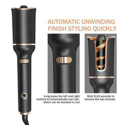 Automatic Hair Curler for Effortless Curls & Waves with gold accents and instructions on use.