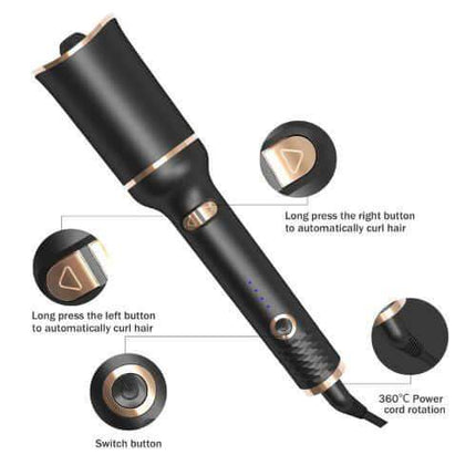 Automatic Hair Curler for Effortless Curls & Waves with labeled buttons and features on a white background