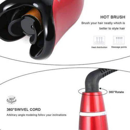 Red and black Automatic Hair Curler for Effortless Curls & Waves with features highlighted on a white background