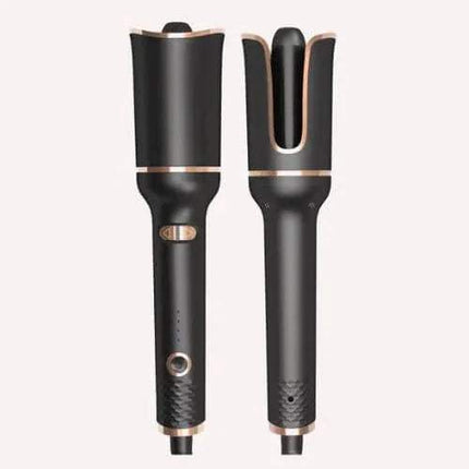 Black Automatic Hair Curler for Effortless Curls & Waves with rose gold accents on a white background