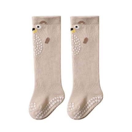 Baby Knee Non-Slip Floor Socks  Pair of beige socks with hedgehog design on a white background