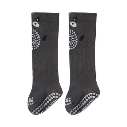 Baby Knee Non-Slip Floor Socks  Pair of dark gray socks with white paw print design on a white background