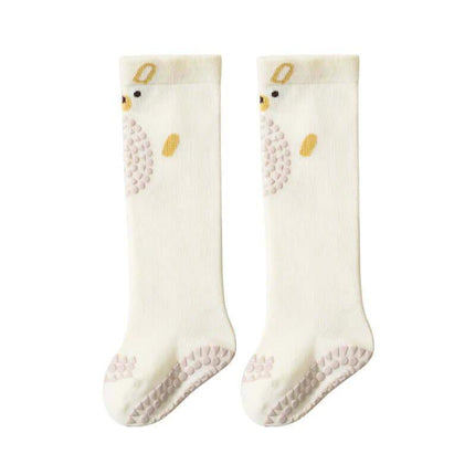 Baby Knee Non-Slip Floor Socks Pair of cream socks with duck designs on a white background