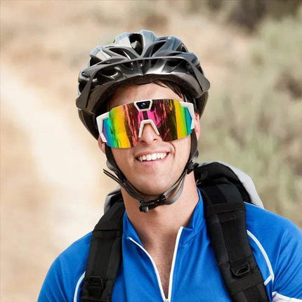 Bicycle Sports POV Camera Glasses worn by a man in a blue shirt and helmet, perfect for hands-free recording. - Astoria Lifestyle