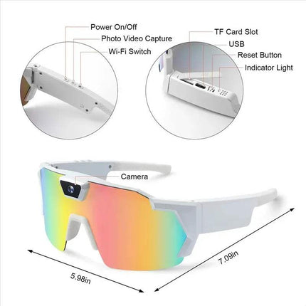 Bicycle Sports POV Camera Glasses with built-in HD camera features like power, video capture, and USB. - Astoria Lifestyle