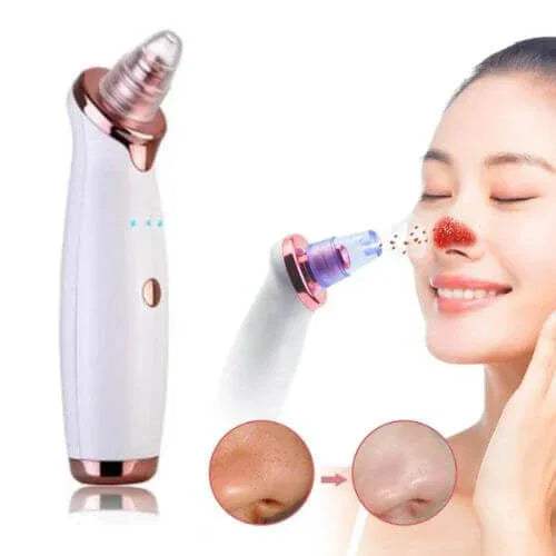 Blackhead Removal Suction Tool for Deep Pore Cleaning being used on a person's face with close-up insets showing skin before and after use.