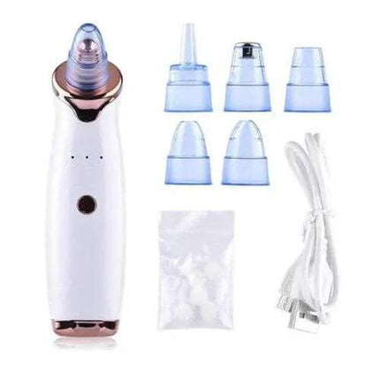 White and rose gold Blackhead Removal Suction Tool with blue nozzles and charging cable on a white background