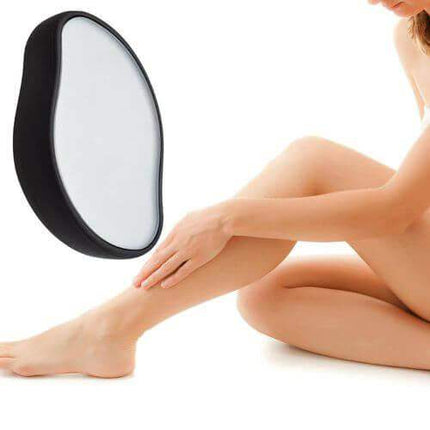 Person examining legs with Bleame Crystal Hair Eraser for Smooth, Hair-Free Skin