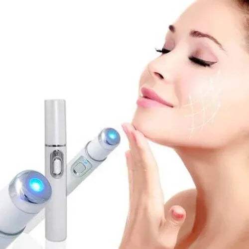 Blue Light Therapy Pen for Clear & Youthful Skin with a user applying it on her face for healthier skin.