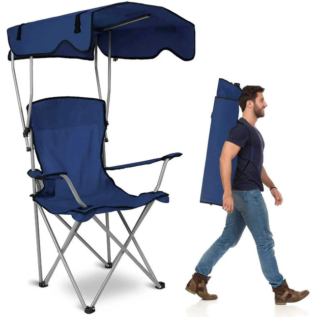 Blue Camping Chair with Canopy and carrying bag, person walking with a folded chair inside carrying bag placed in his back. Astoria Lifestyle