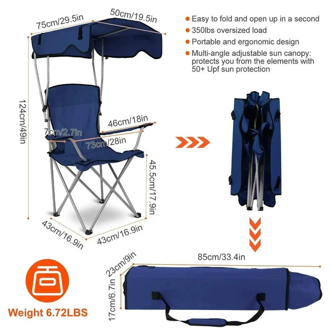 Blue folding Camping Chair with Canopy and carrying bag, featuring dimensions and features on a white background.