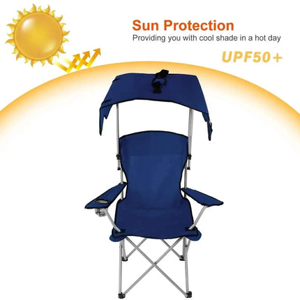 Blue Camping Chair with Canopy and sun protection features on a white background
