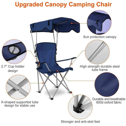 Upgraded Camping Chair with Canopy with features highlighted on a white background