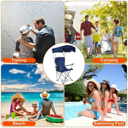 Collage of a blue Camping Chair with Canopy labeled for fishing, camping, beach, and swimming pool activities.