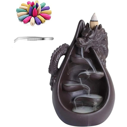 Ceramic Dragon Backflow Incense Burner Set for Relaxation with incense cones and tools on a white background