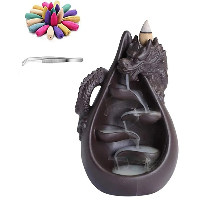 Ceramic Dragon Backflow Incense Burner Set for Relaxation with incense cones and tools on a white background