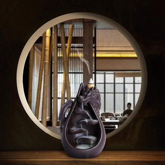 Ceramic Dragon Backflow Incense Burner Set for Relaxation in a circular frame, blurred interior background