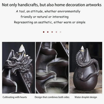 Ceramic Dragon Backflow Incense Burner Set for Relaxation with text about home decoration artworks.