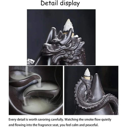 Ceramic Dragon Backflow Incense Burner Set for Relaxation with detailed design and smoke flow feature.