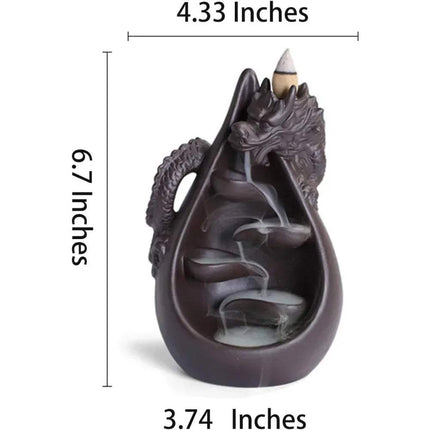Ceramic Dragon Backflow Incense Burner Set for Relaxation with dimensions labeled on a white background