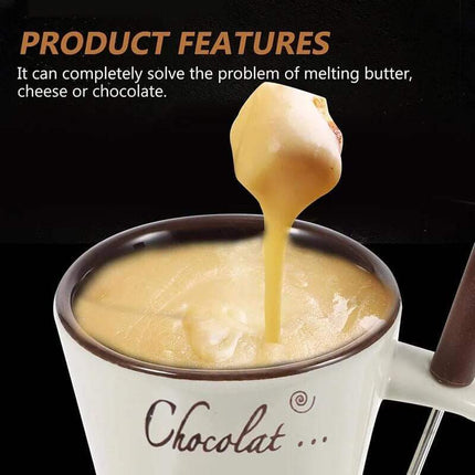 Ceramic Fondue Mug feature showing a spoon pouring a liquid into a cup labeled 'Chocolat' with text about solving melting problems.