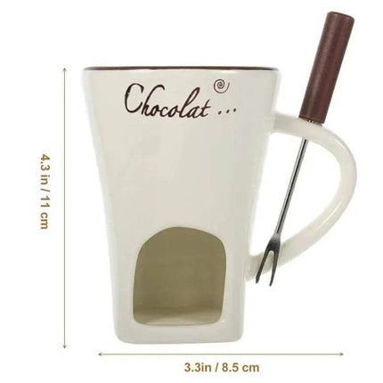 Ceramic Fondue Mug with chocolate fondue pot and fork, featuring 'Chocolat' text, with measurements on a white background.