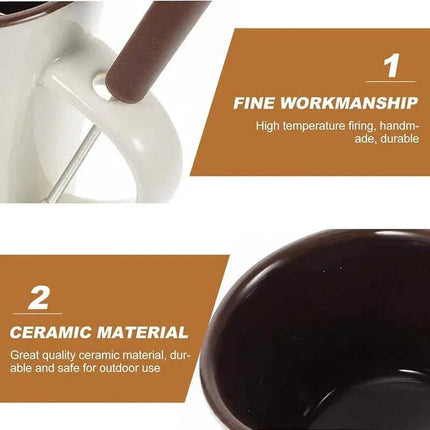 Ceramic Fondue Mug with text highlighting fine workmanship and ceramic material on a white background