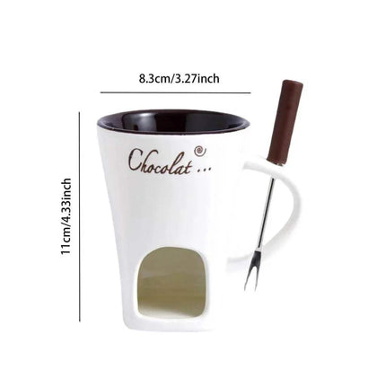 Ceramic Fondue Mug white with chocolate-themed design and measurement details on a white background