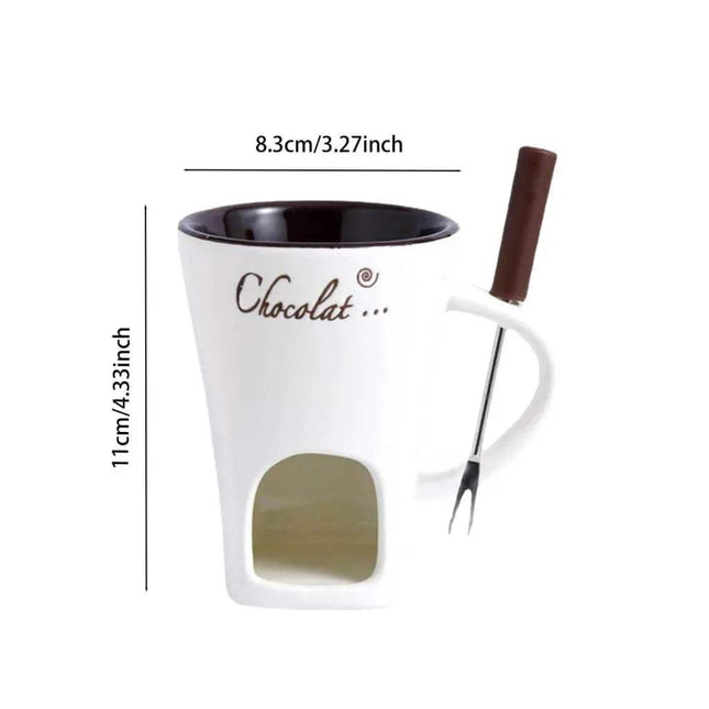Ceramic Fondue Mug white with chocolate-themed design and measurement details on a white background