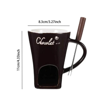 Ceramic Fondue Mug black with 'Chocolat' text and measurement details on a white background