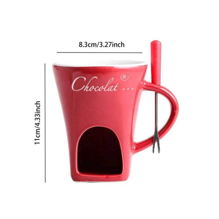 Ceramic Fondue Mug black with a spoon holder and measurements on a white background