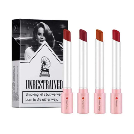 Cigarette Lipstick Set featuring four bold, smudge-proof lipsticks in a retro packaging for striking makeup looks. Astoria Lifestyle