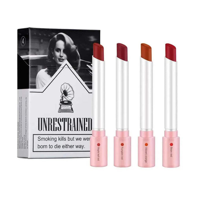 Cigarette Lipstick Set featuring four bold, smudge-proof lipsticks in a retro packaging for striking makeup looks. Astoria Lifestyle