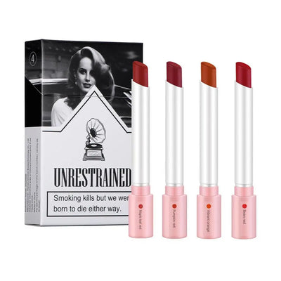 Cigarette Lipstick Set featuring four bold, smudge-proof lipsticks in a retro packaging for striking makeup looks.