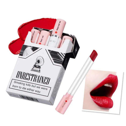 Cigarette Lipstick Set in a retro case, featuring four velvet-matte shades for bold, smudge-proof glam.