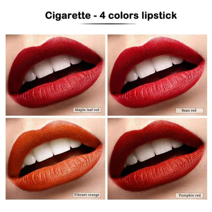 Cigarette Lipstick Set showcasing four vibrant colors: Maple Leaf Red, Bean Red, Vibrant Orange, and Pumpkin Red.