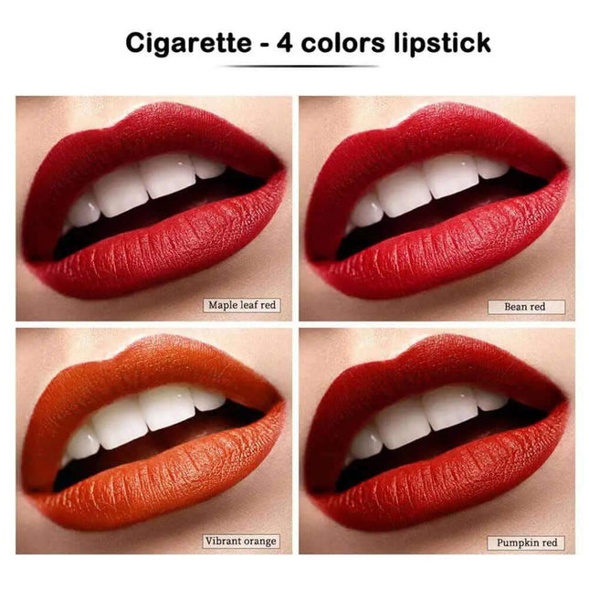 Cigarette Lipstick Set showcasing four vibrant colors: Maple Leaf Red, Bean Red, Vibrant Orange, and Pumpkin Red.