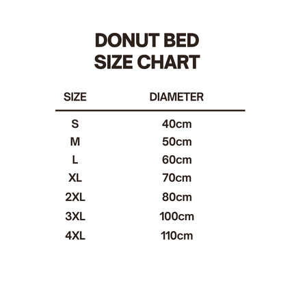 Comfortable Donut Bed for Pets size chart with sizes S to 4XL and corresponding diameters on a white background. - Astoria Lifestyle