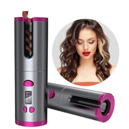 Cordless Hair Curler next to a styled woman with beautiful curly hair, perfect for effortless curls anytime. Astoria Lifestyle