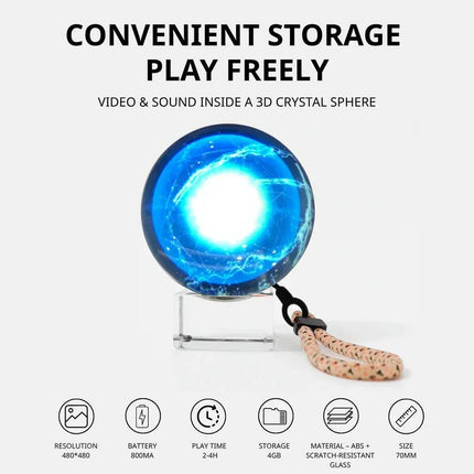 Customizable Video Crystal Sphere with a rope on a white background, featuring text about video and sound storage. Astoria Lifestyle