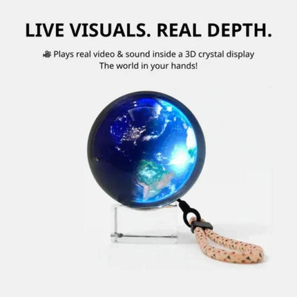 Customizable Video Crystal Sphere featuring its 3D crystal display with Earth model and rope, featuring text about live visuals and real depth. Astoria Lifestyle