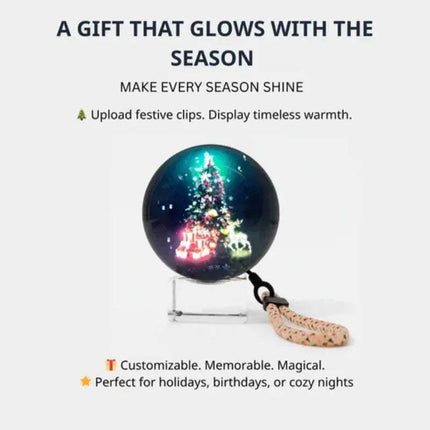 Customizable Video Crystal Sphere showcasing its Decorative design with festive design on a white background, featuring text about customizable and memorable gifts. - Astoria Lifestyle