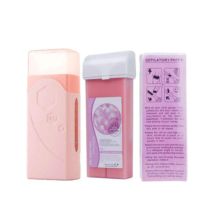 Pink Depilatory Wax Heater set with packaging and instructions on a white background